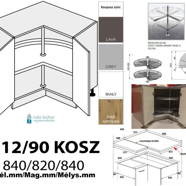AMARO MATT (D12 90+KOSZ) CARGO KOSARAS SAROK szekrény 90 cm_Konyhabútor