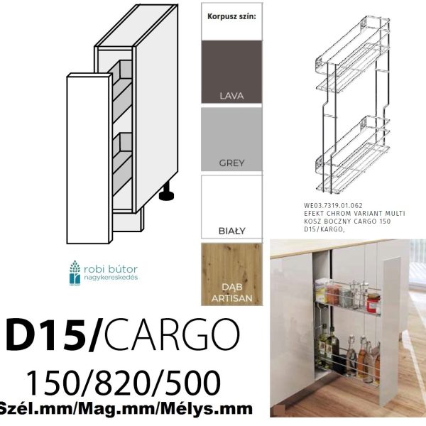 AMARO MATT (D15 +cargo) 1-ajtós CARGO KOSARAS 15 cm_konyhabútor