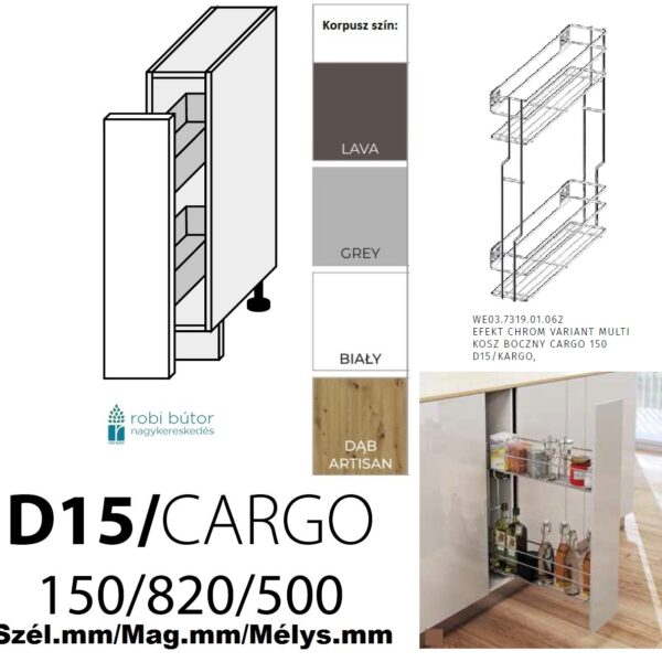TREVISO MATT (D15 +cargo) 1-ajtós CARGO KOSARAS 15 cm_konyhabútor