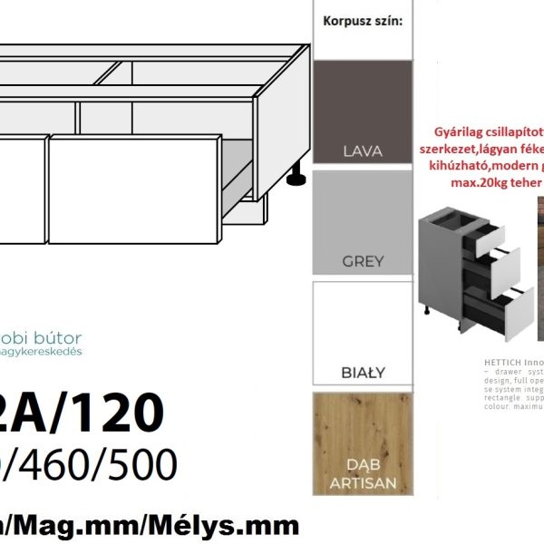 "NAPOLI MAGASFÉNYŰ 2 FIÓKOS szekrény 120 cm  (D2A 120)_konyhabútor