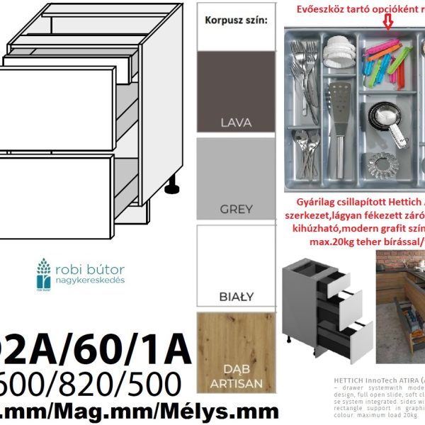 "NAPOLI MAGASFÉNYŰ 2 FIÓKOS szekrény 60 cm  (D2A 60 1/A)_konyhabútor