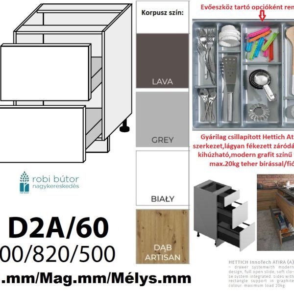 "NAPOLI MAGASFÉNYŰ 2 FIÓKOS szekrény 60 cm  (D2A 60)_konyhabútor