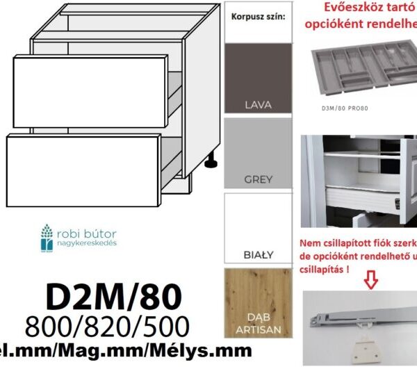 SILVER MATT  (D2M 80) 2 FIÓKOS szekrény 80 cm_konyhabútor