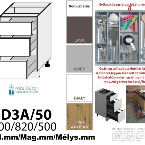 QUANTUM MATT 3 FIÓKOS szekrény 50 cm  (D3A 50)_konyhabútor