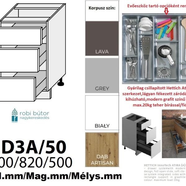 "NAPOLI MAGASFÉNYŰ 3 FIÓKOS szekrény 50 cm  (D3A 50)_konyhabútor