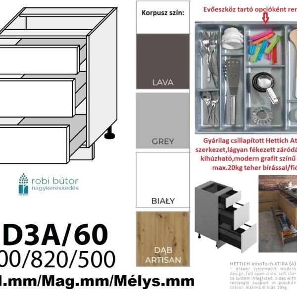 "NAPOLI MAGASFÉNYŰ 3 FIÓKOS szekrény 60 cm (D3A 60)_konyhabútor