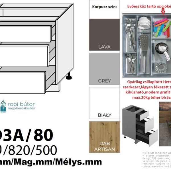 RIMINI MATT 3 FIÓKOS szekrény 80 cm (D3A 80)_konyhabútor