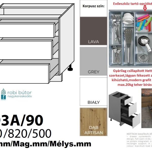 RIMINI MATT 3 FIÓKOS szekrény 90 cm (D3A 90)_konyhabútor