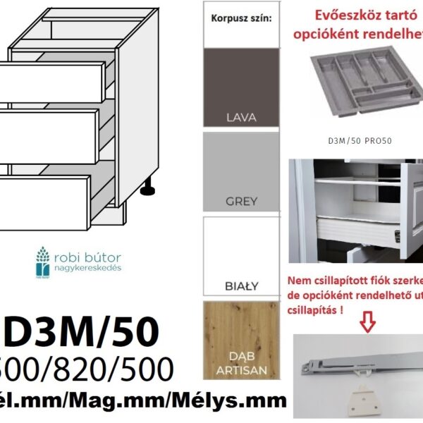 TREVISO MATT 3 FIÓKOS szekrény 50 cm  (D3M 50)_konyhabútor