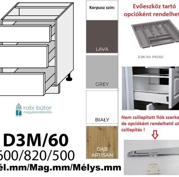 QUANTUM MATT 3 FIÓKOS szekrény 60 cm (D3M 60)_konyhabútor