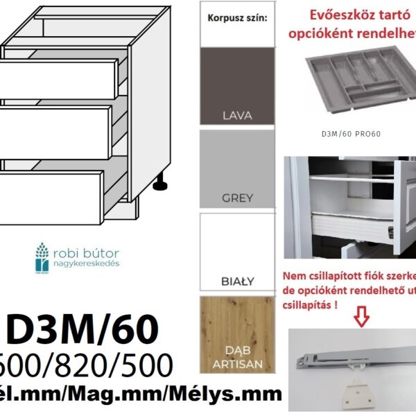 TREVISO MATT 3 FIÓKOS szekrény 60 cm (D3M 60)_konyhabútor
