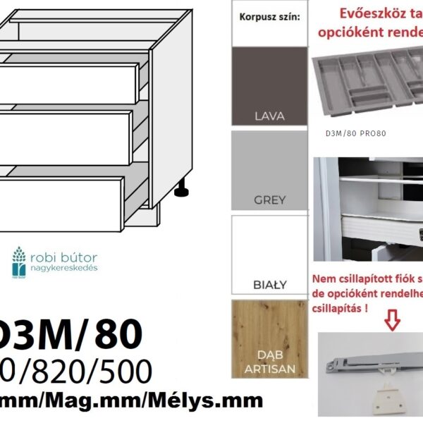 TREVISO MATT 3 FIÓKOS szekrény 80 cm (D3M 80)_konyhabútor