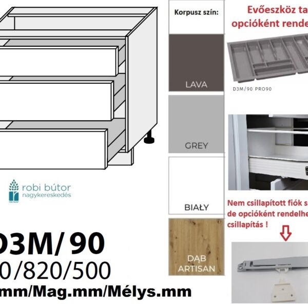 TREVISO MATT 3 FIÓKOS szekrény 90 cm (D3M 90)_konyhabútor