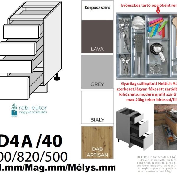 "NAPOLI MAGASFÉNYŰ 4 FIÓKOS szekrény 40 cm  (D4A 40)_konyhabútor
